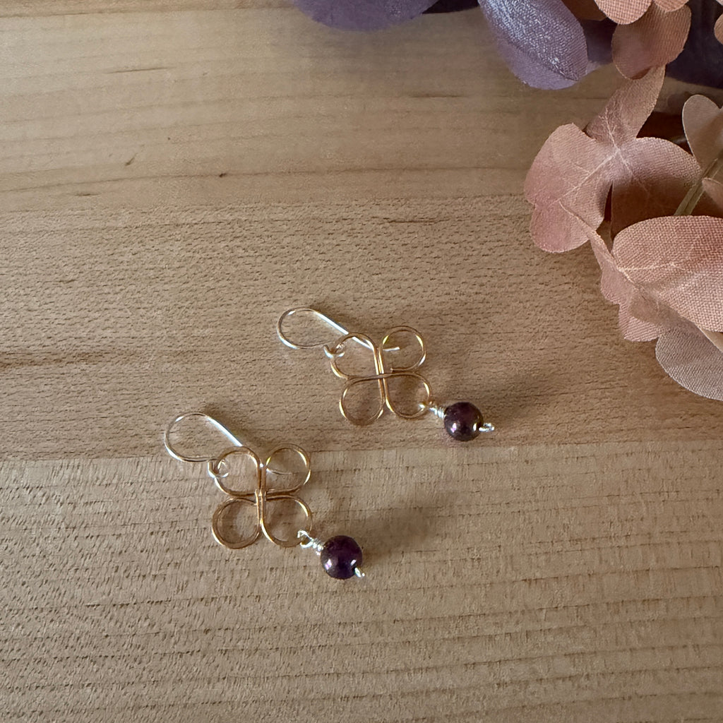 Brass Clover Drop Earrings with Purple Bead