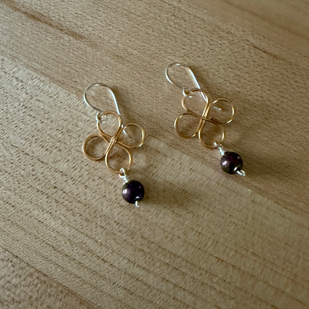 Brass Clover Drop Earrings with Purple Bead