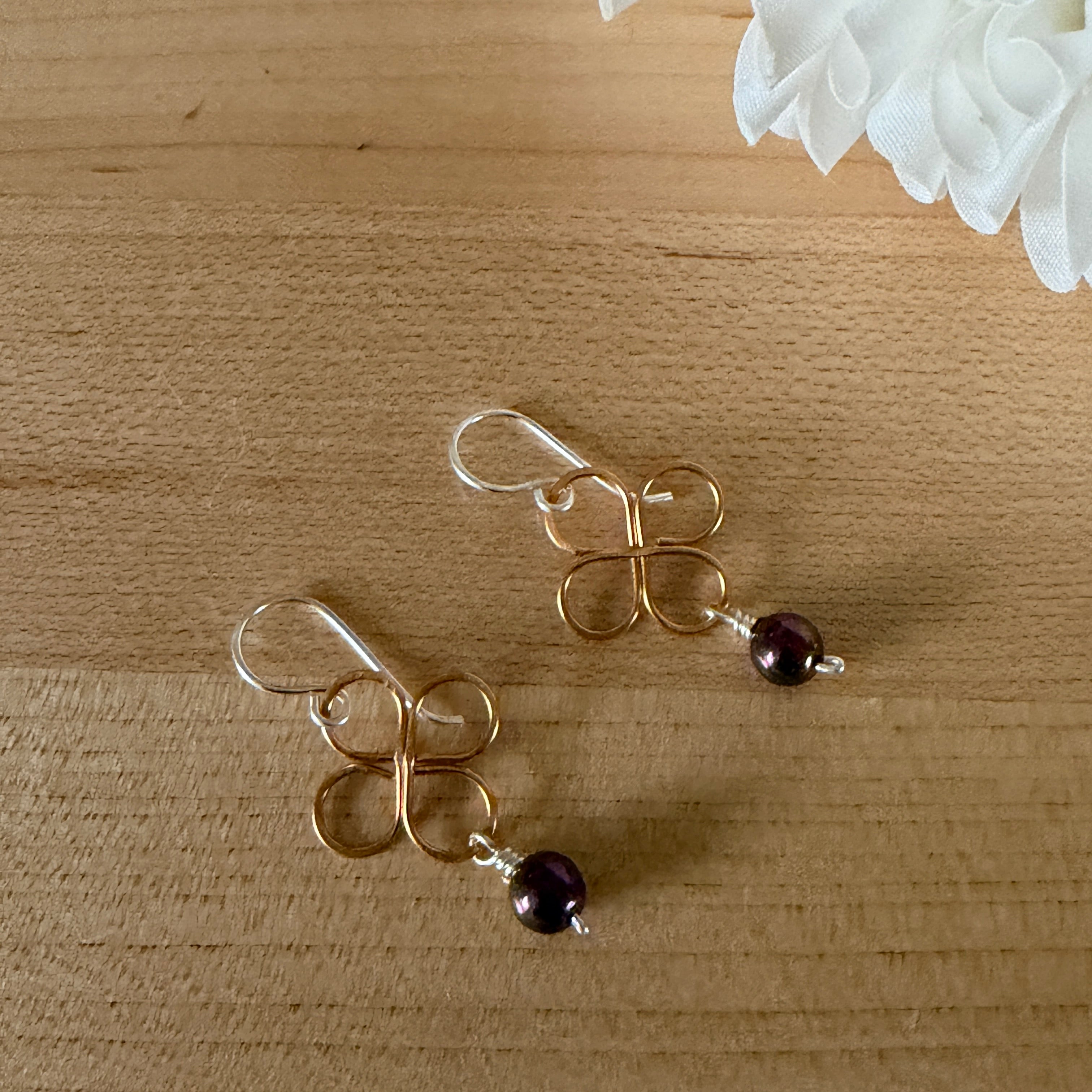Brass Clover Drop Earrings with Purple Bead