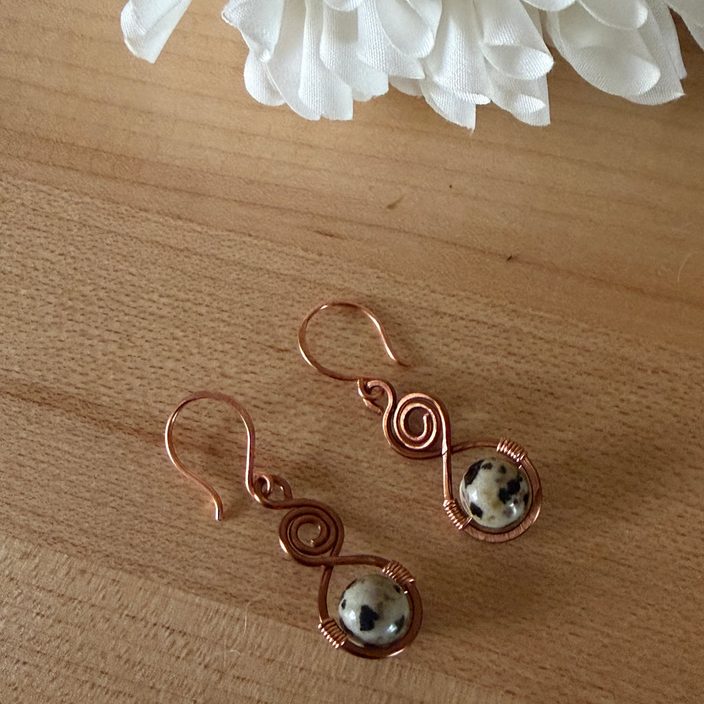 Handcrafted Copper Wire Earrings with Dalmatian Jasper Beads