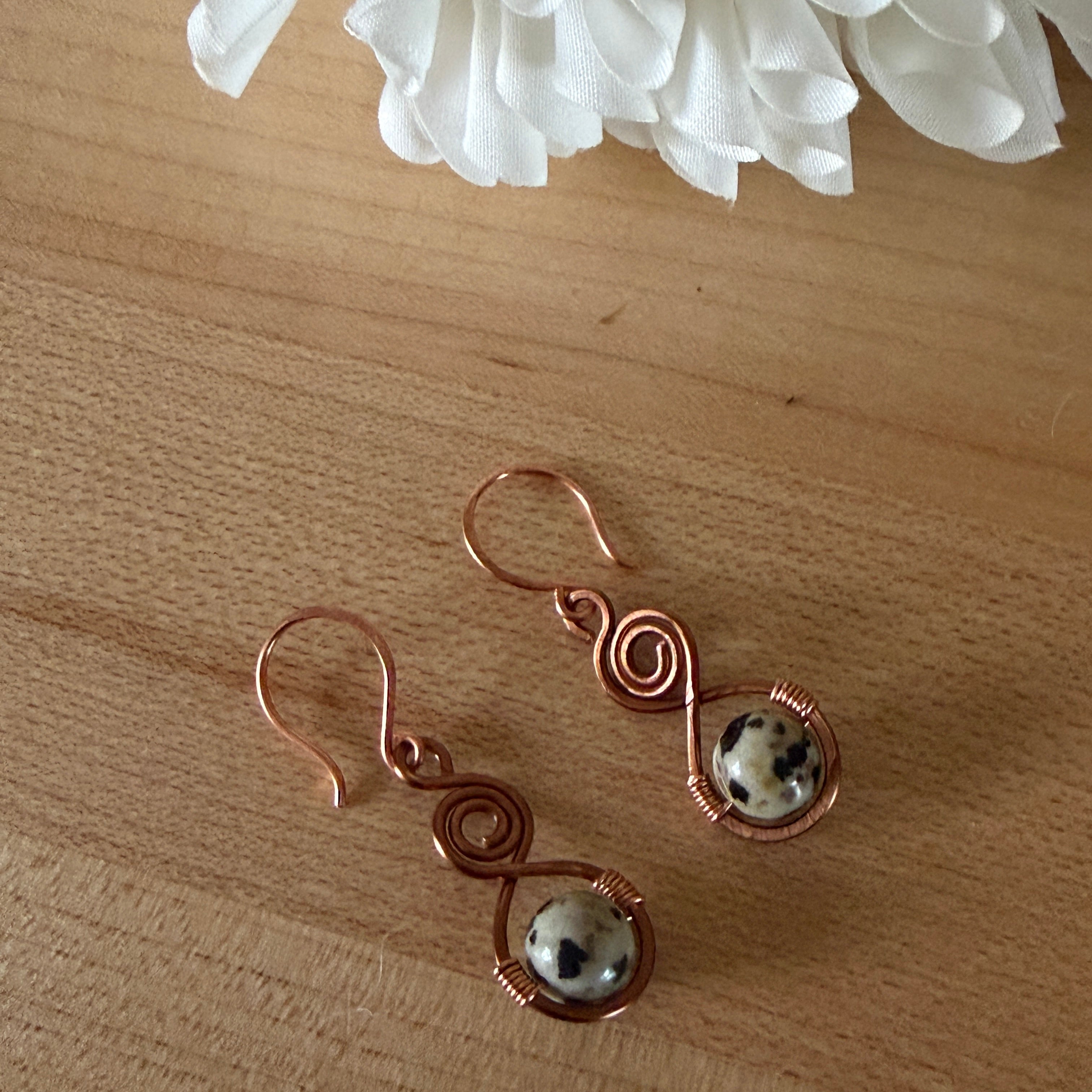 Handcrafted Copper Wire Earrings with Dalmatian Jasper Beads