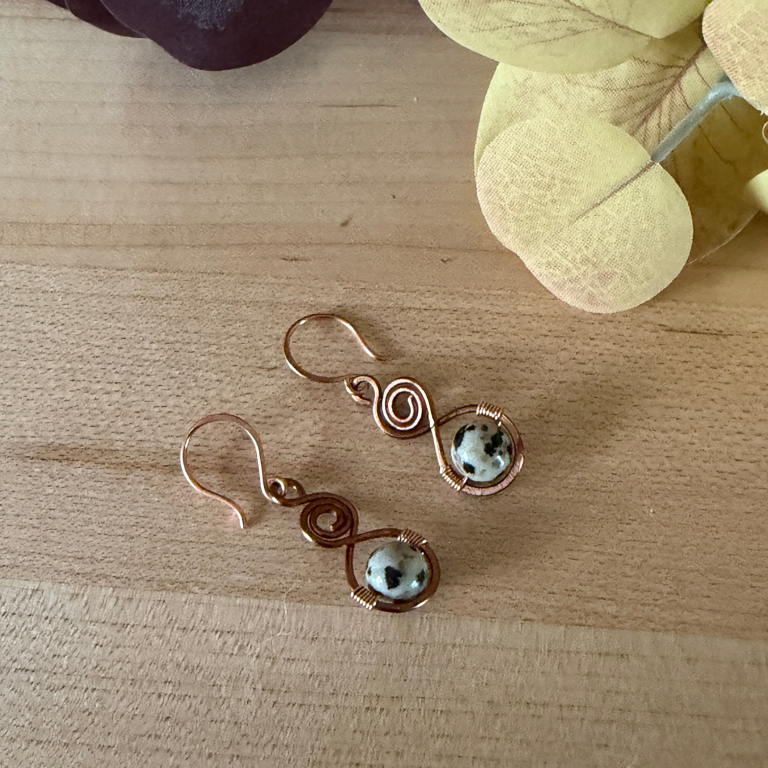 Handcrafted Copper Wire Earrings with Dalmatian Jasper Beads