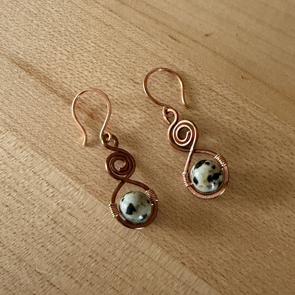Handcrafted Copper Wire Earrings with Dalmatian Jasper Beads