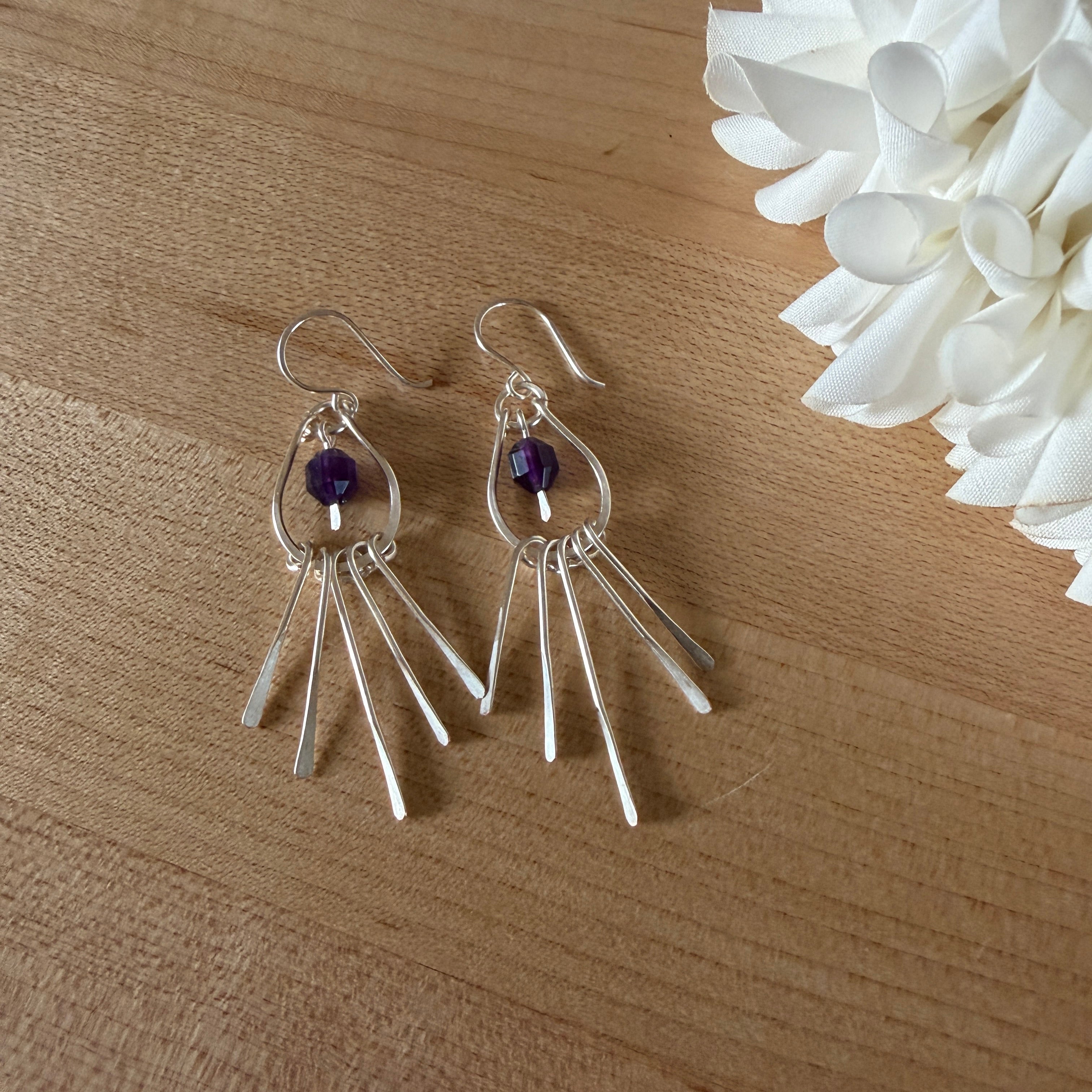 Silver plated Fringe Teardrop Earrings with Amethyst Beads