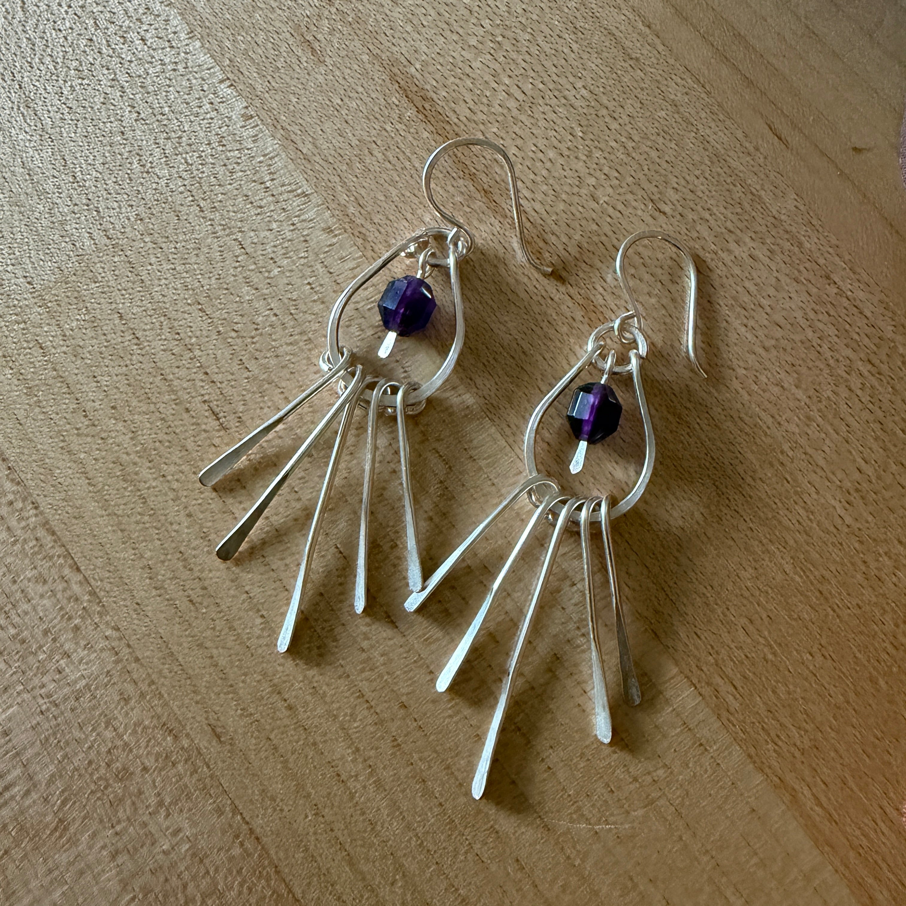Silver plated Fringe Teardrop Earrings with Amethyst Beads