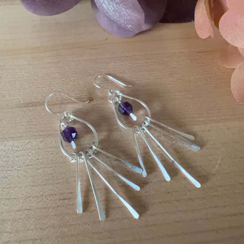 Silver plated Fringe Teardrop Earrings with Amethyst Beads