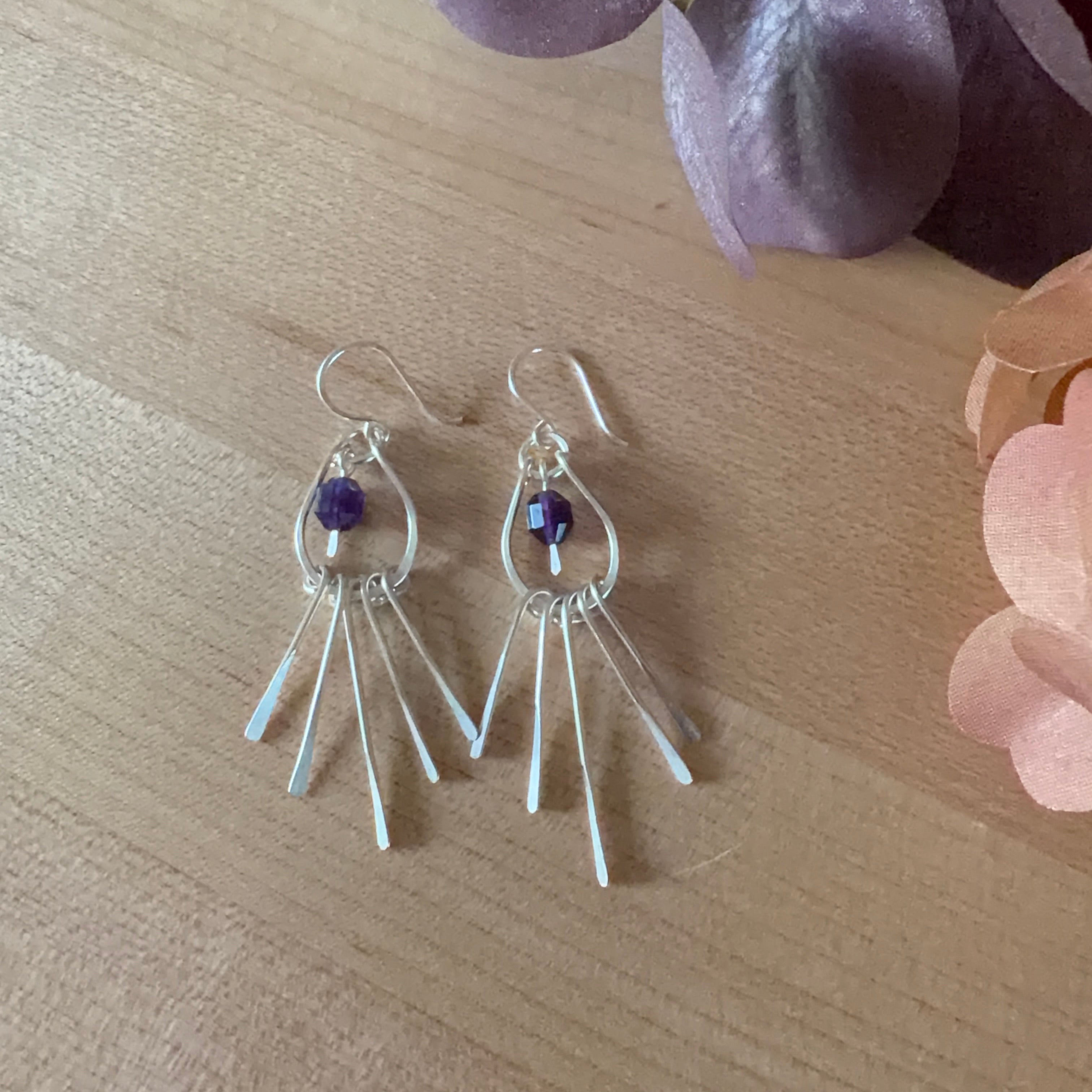 Silver plated Fringe Teardrop Earrings with Amethyst Beads