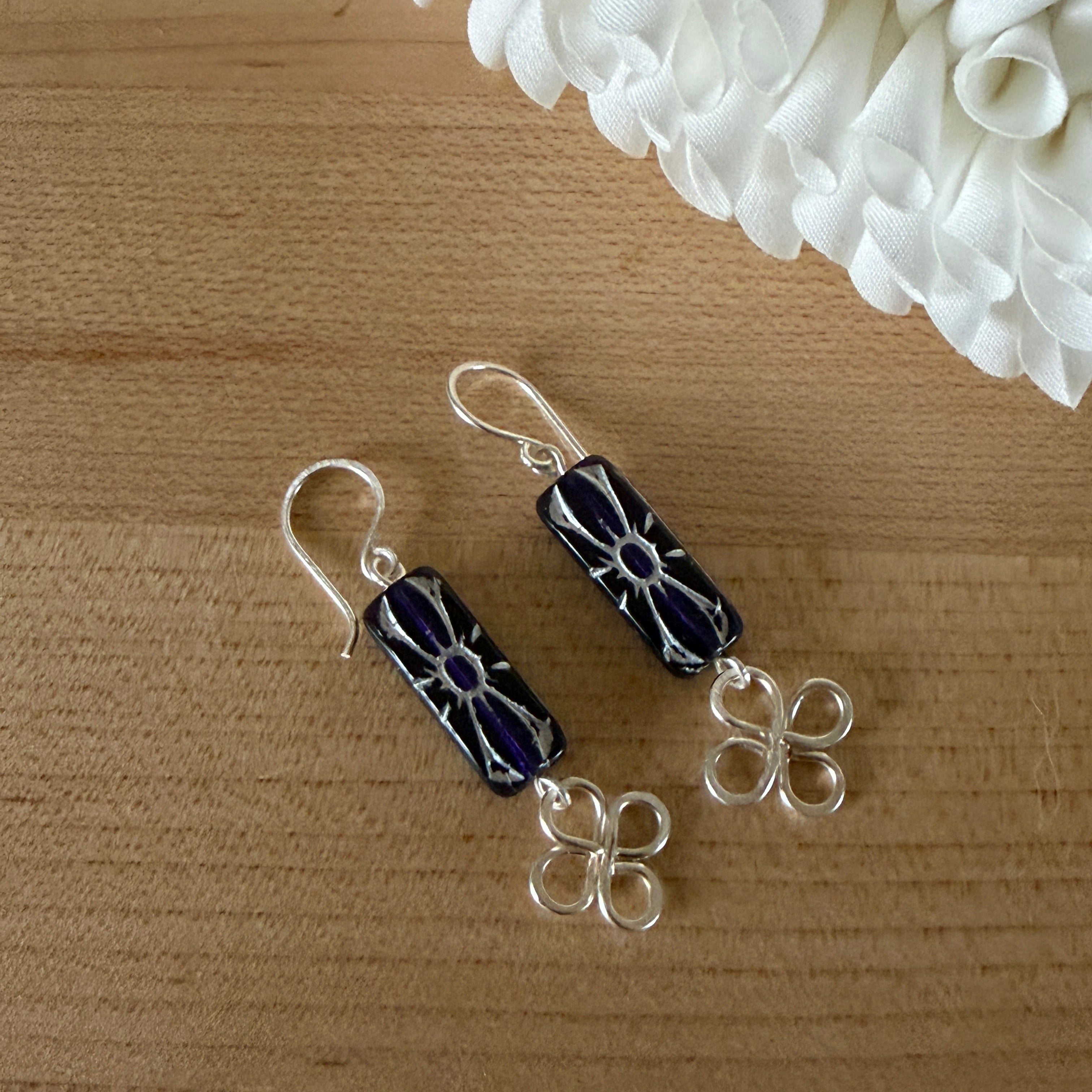 Purple Artisan Clover Flower Earrings