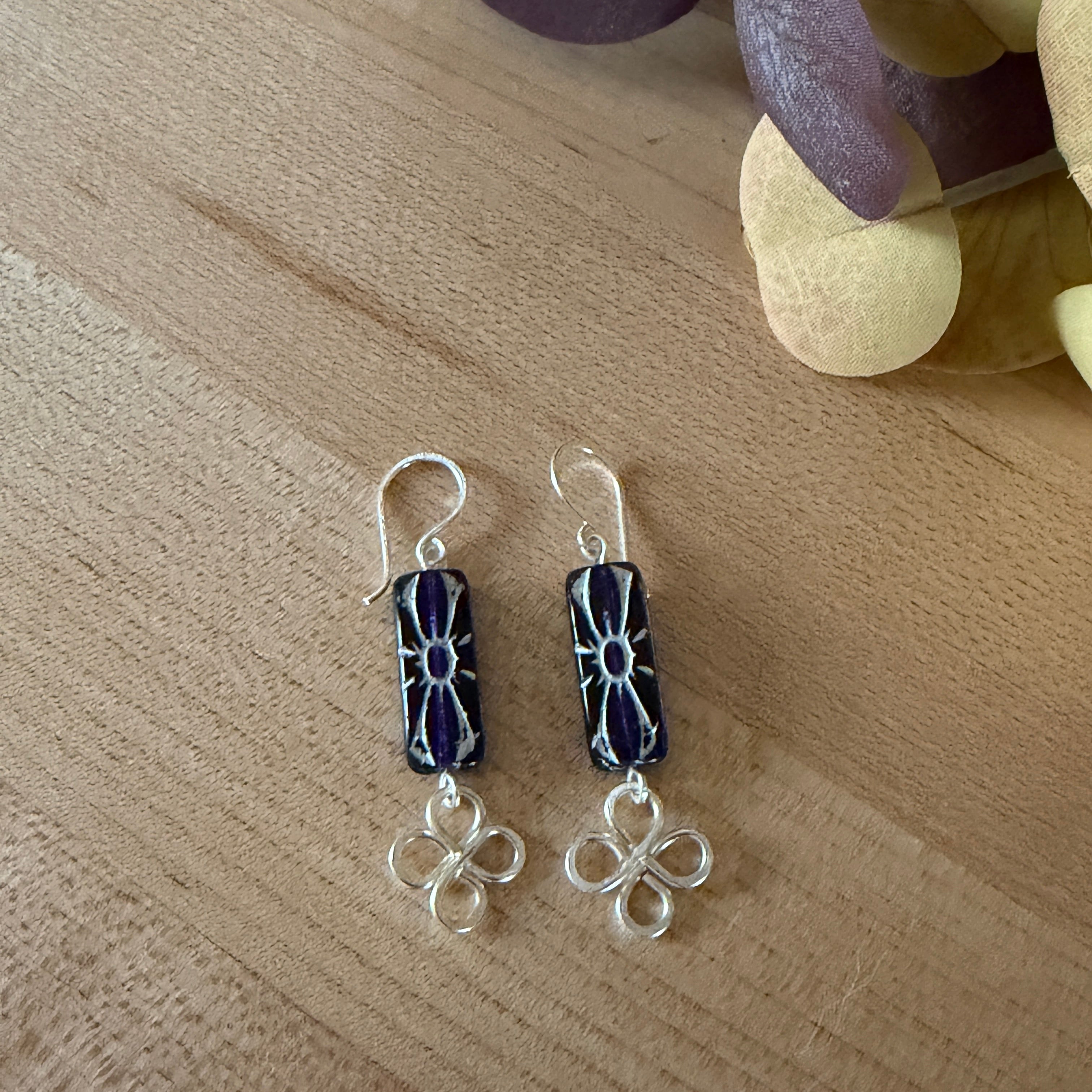 Purple Artisan Clover Flower Earrings