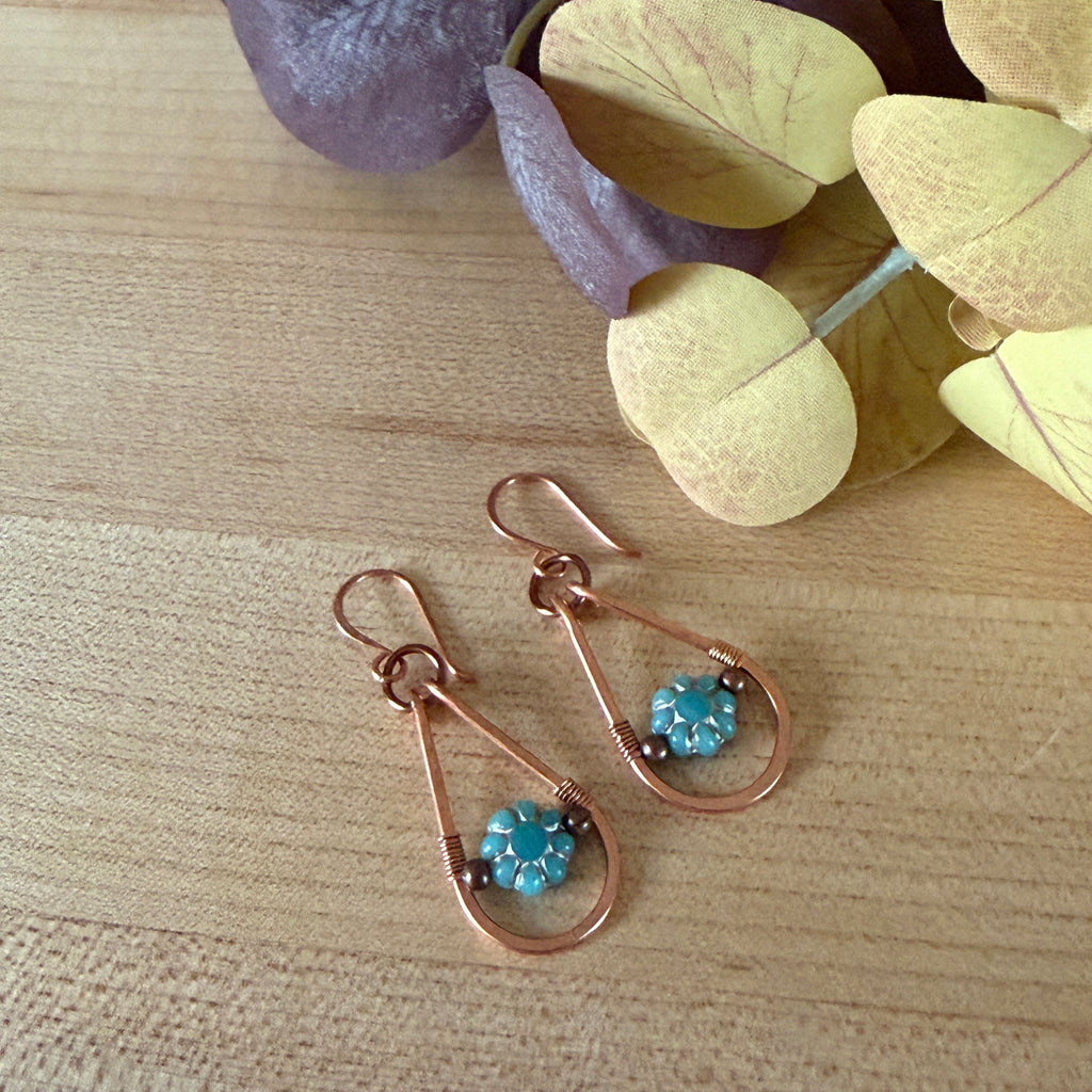 Copper Teardrop & Turquoise Floral Earrings