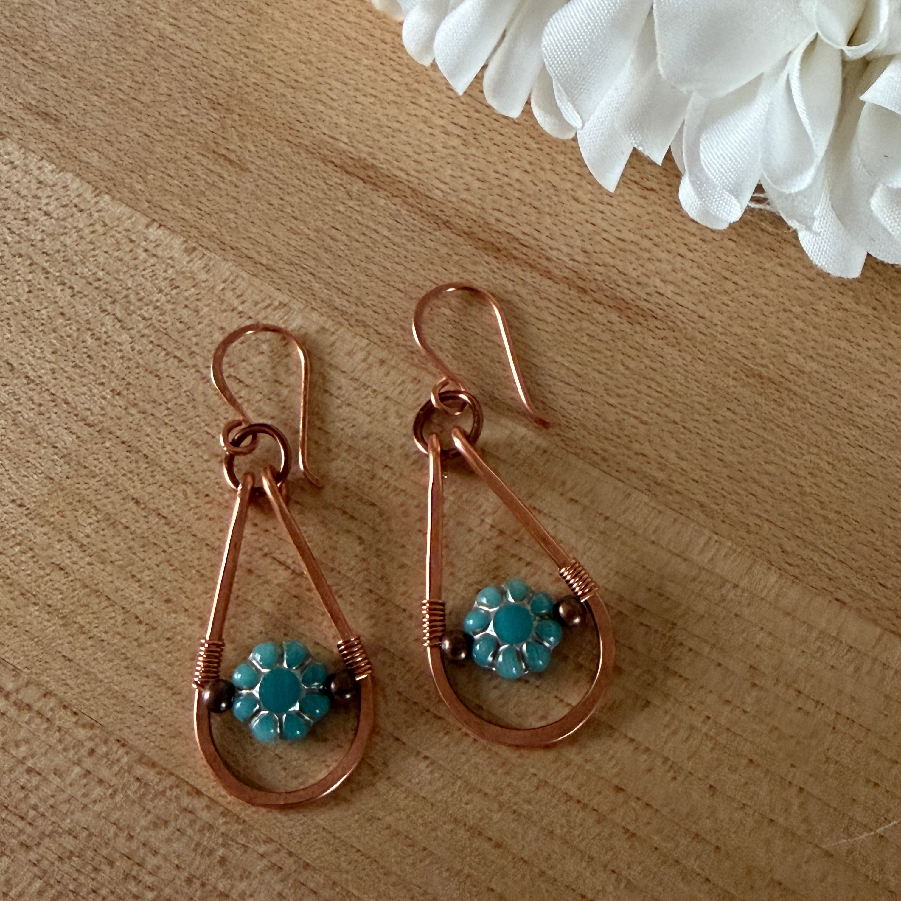 Copper Teardrop & Turquoise Floral Earrings