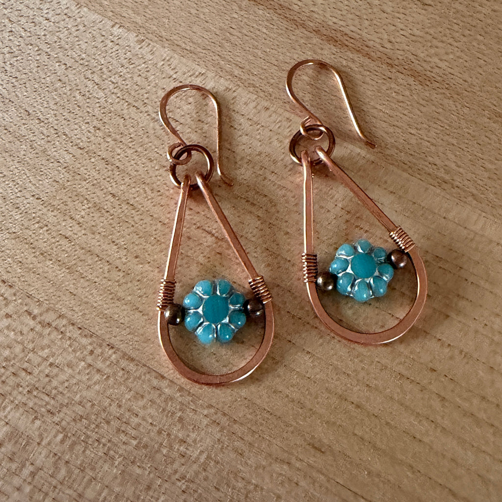 Copper Teardrop & Turquoise Floral Earrings