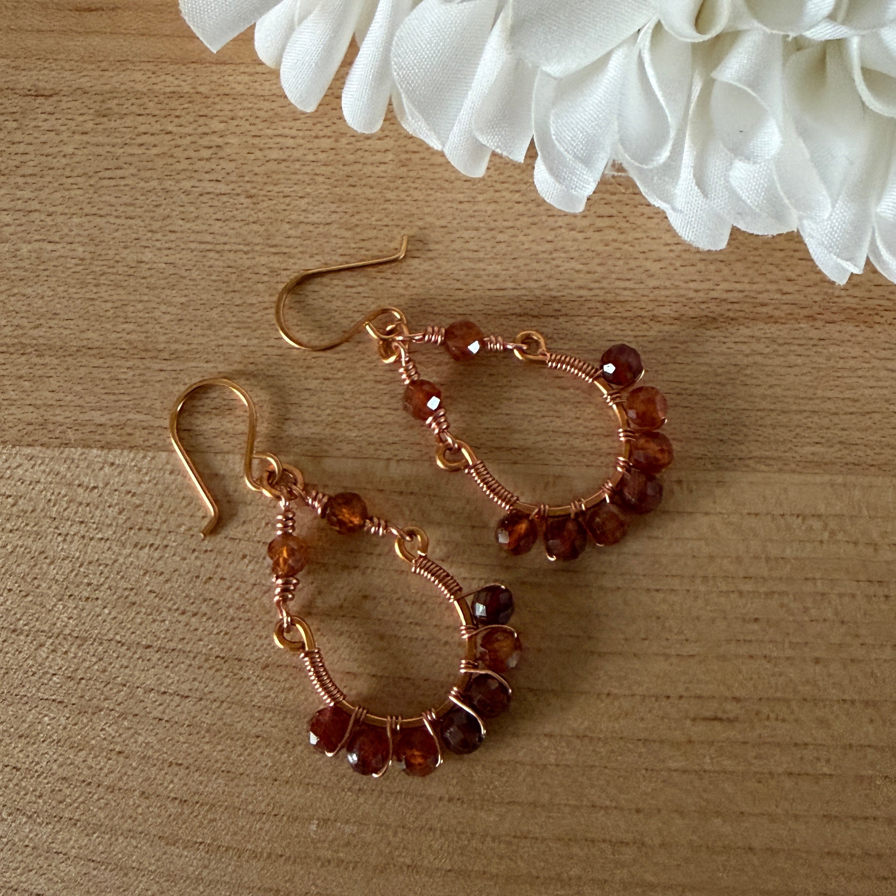 Golden Wire & Garnet Hoop Earrings