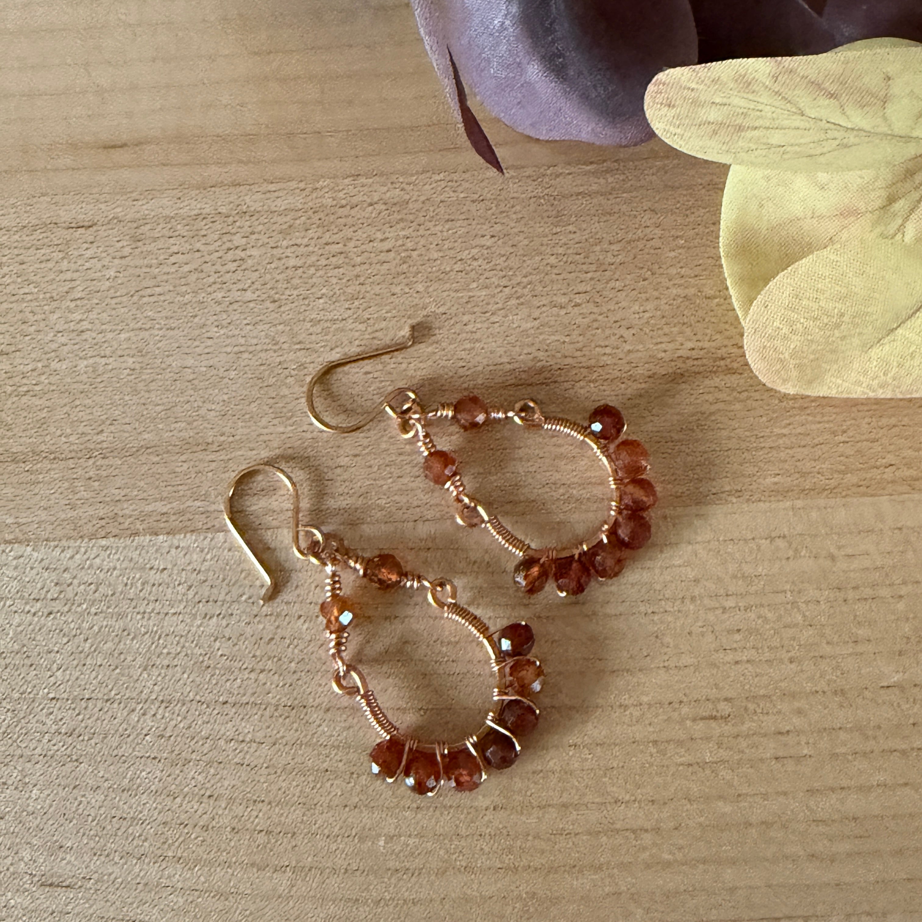 Golden Wire & Garnet Hoop Earrings
