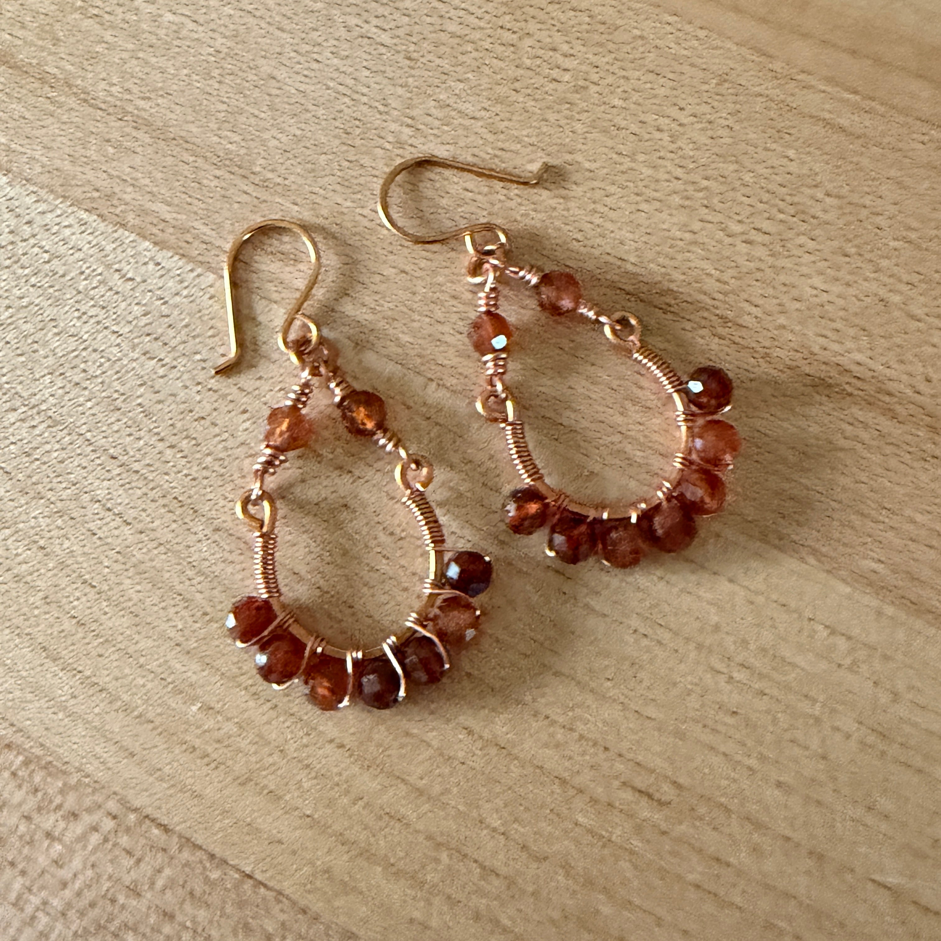 Golden Wire & Garnet Hoop Earrings