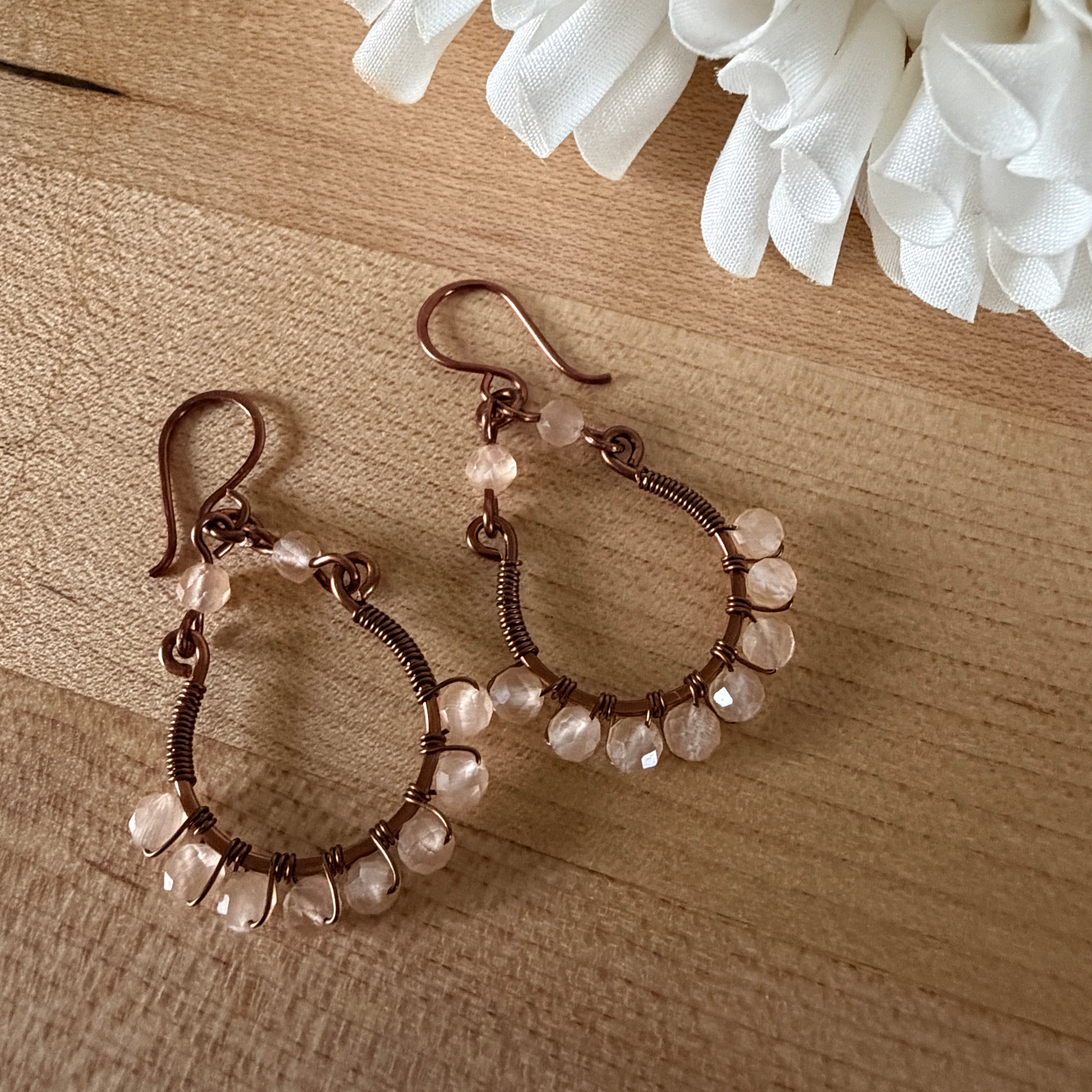 Copper Wire & Cats Eye Hoop Earrings