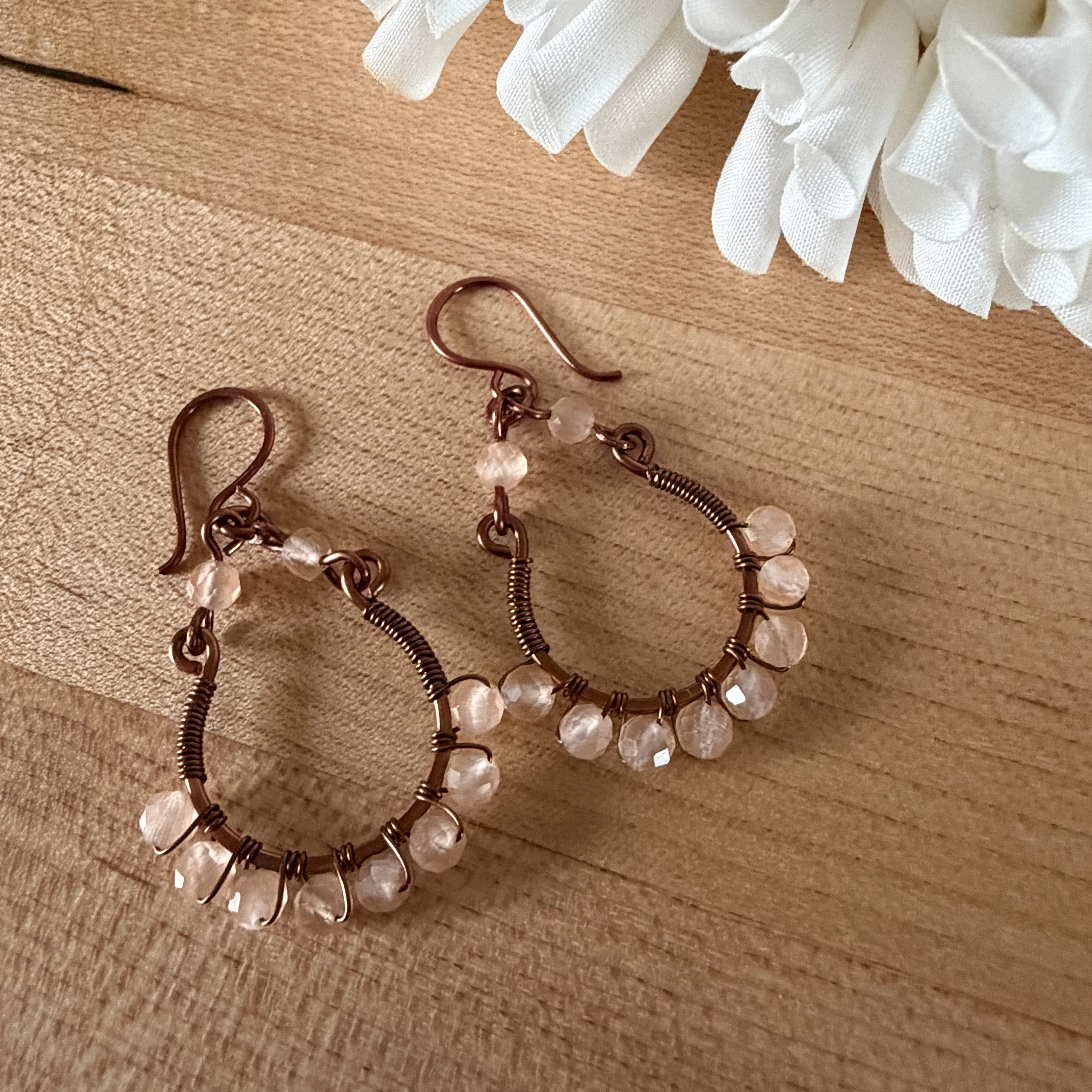 Copper Wire & Cats Eye Hoop Earrings