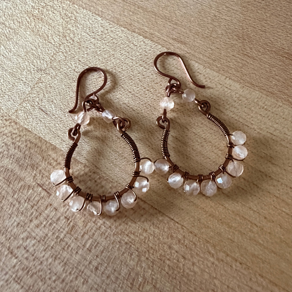 Copper Wire & Cats Eye Hoop Earrings
