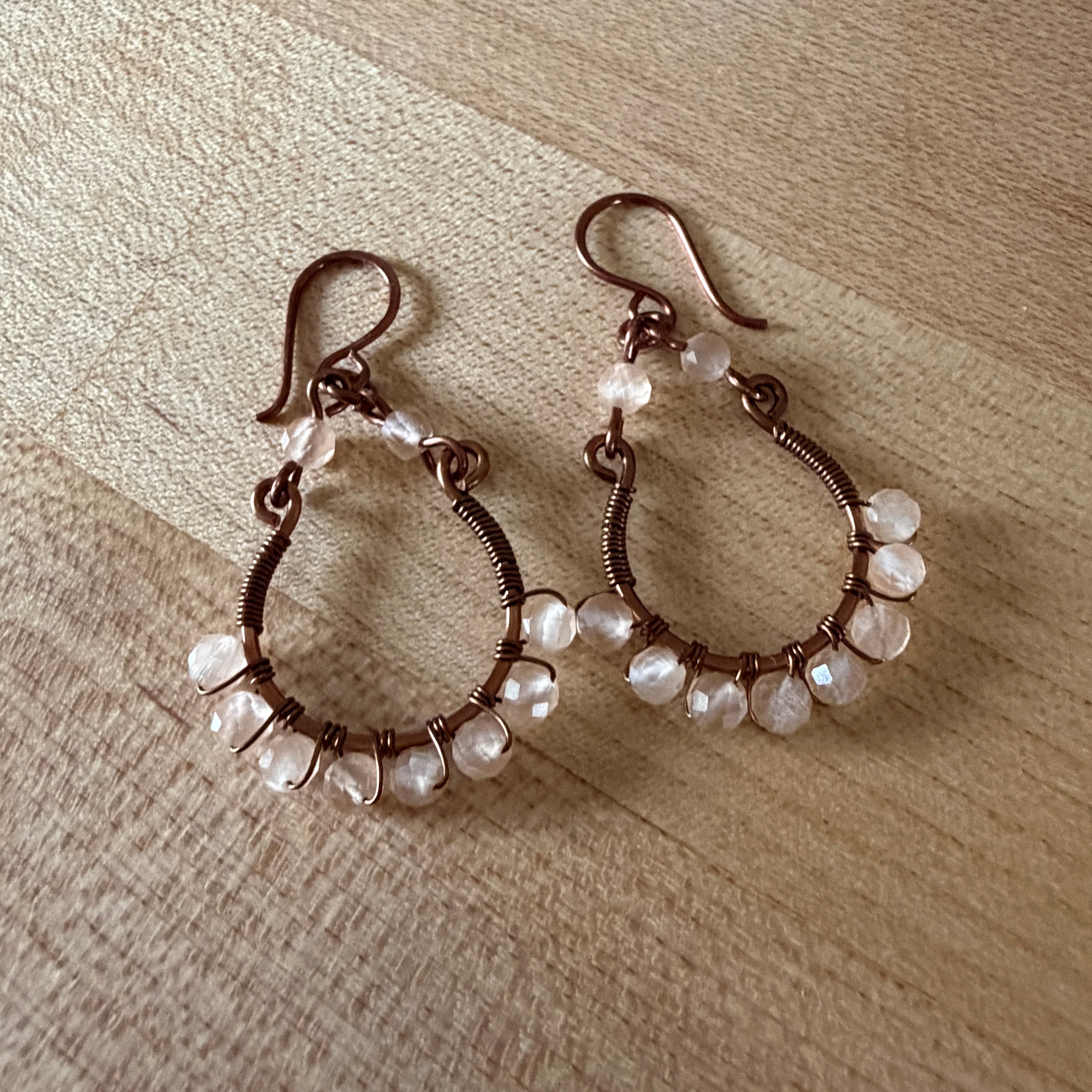 Copper Wire & Cats Eye Hoop Earrings