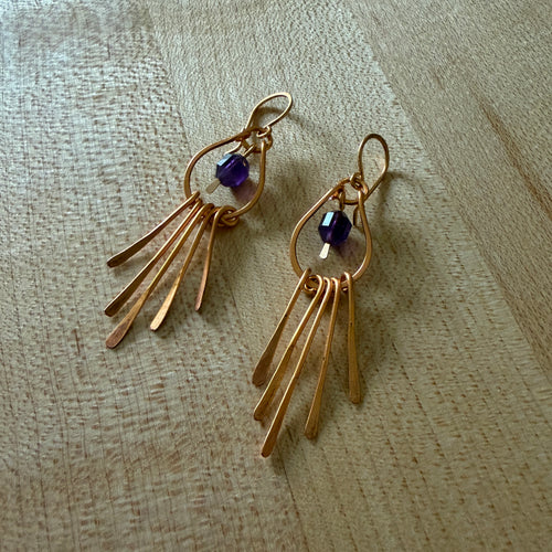 Amethyst Drop & Hammered Brass Fringe Earrings
