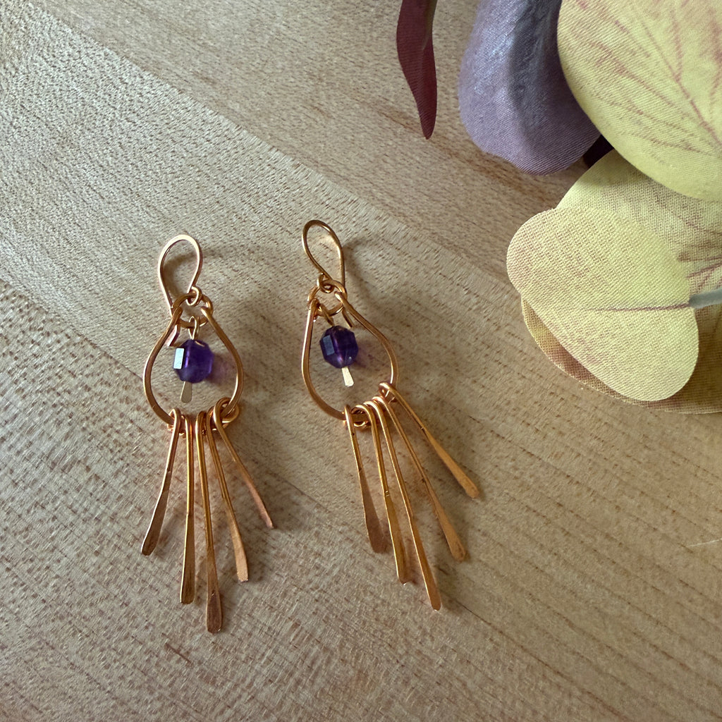 Amethyst Drop & Hammered Brass Fringe Earrings