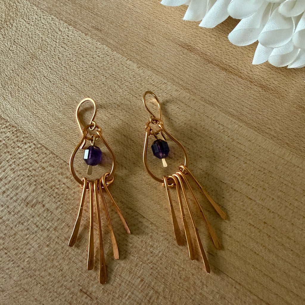 Amethyst Drop & Hammered Brass Fringe Earrings