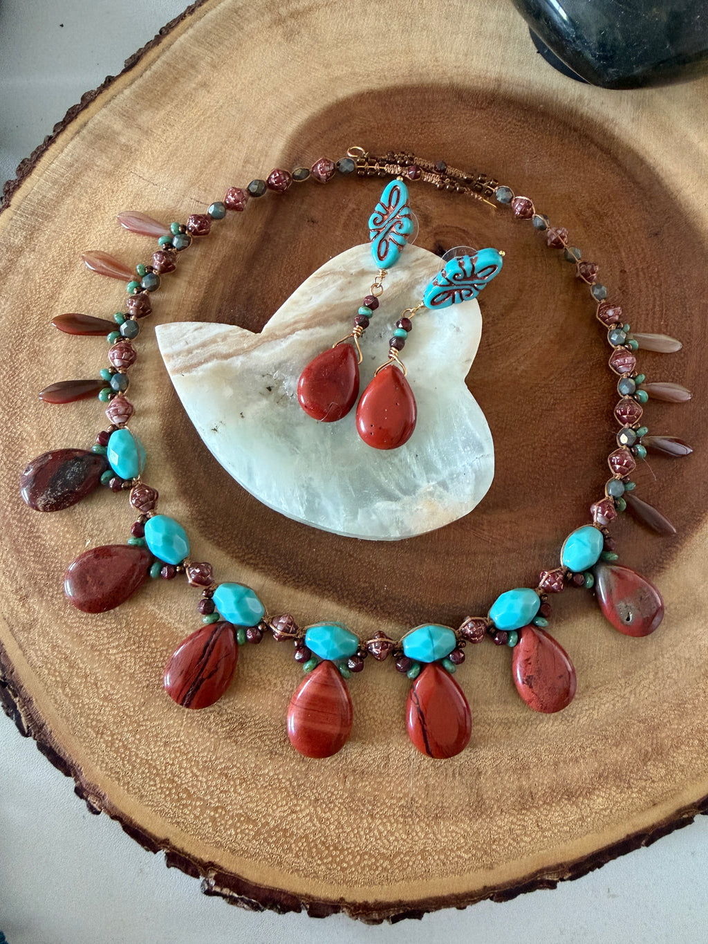 Dessert Sunset Necklace & Earrings with Gemstones & Czech glass Beads