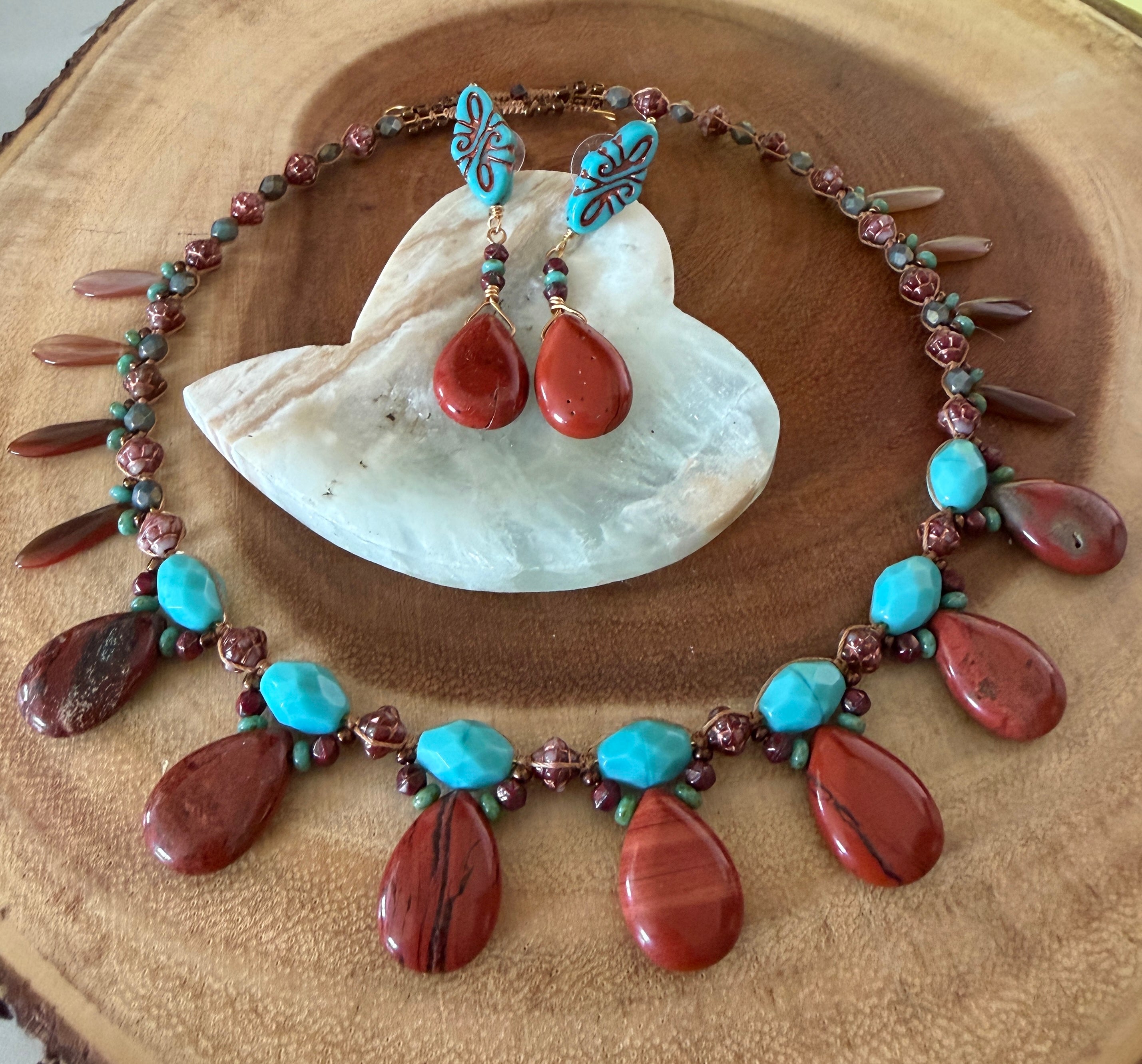 Dessert Sunset Necklace & Earrings with Gemstones & Czech glass Beads