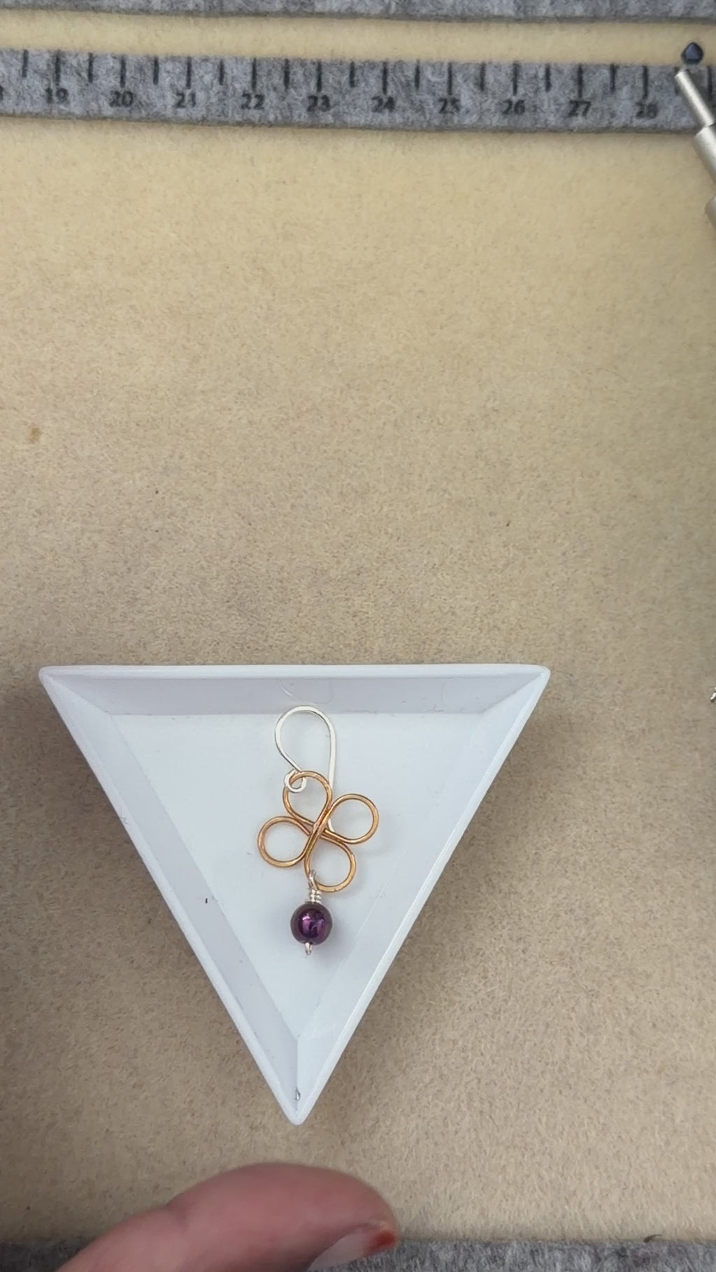 Brass Clover Drop Earrings with Purple Bead